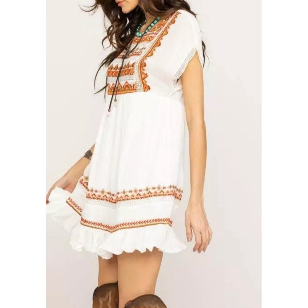 Free‎ People Sunrise Wanderer Mini Dress Women S White Orange Embroidered Boho - Picture 2 of 8